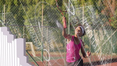 female tennis player swinging racket outdoors, integrating sports analytics charts and data panels