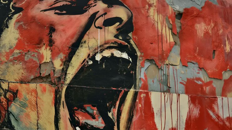 Vibrant street art mural depicting screaming man's face, revealing raw emotion through open mouth, visible teeth on weathered urban wall surface