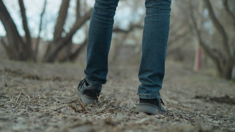 close-up shot of a person standing on a forest path, wearing black sneakers and blue jeans, the ground is covered with leaves and twigs