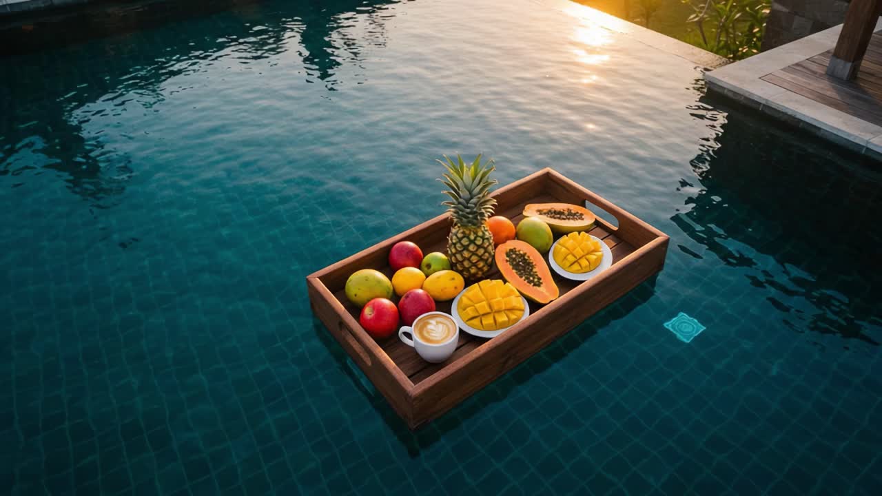 Un delizioso piatto di frutta galleggiante al tramonto: un assortimento di frutta tropicale fresca, tra cui papaya, ananas e mango, accanto a una piscina tranquilla che riflette la luce dorata.