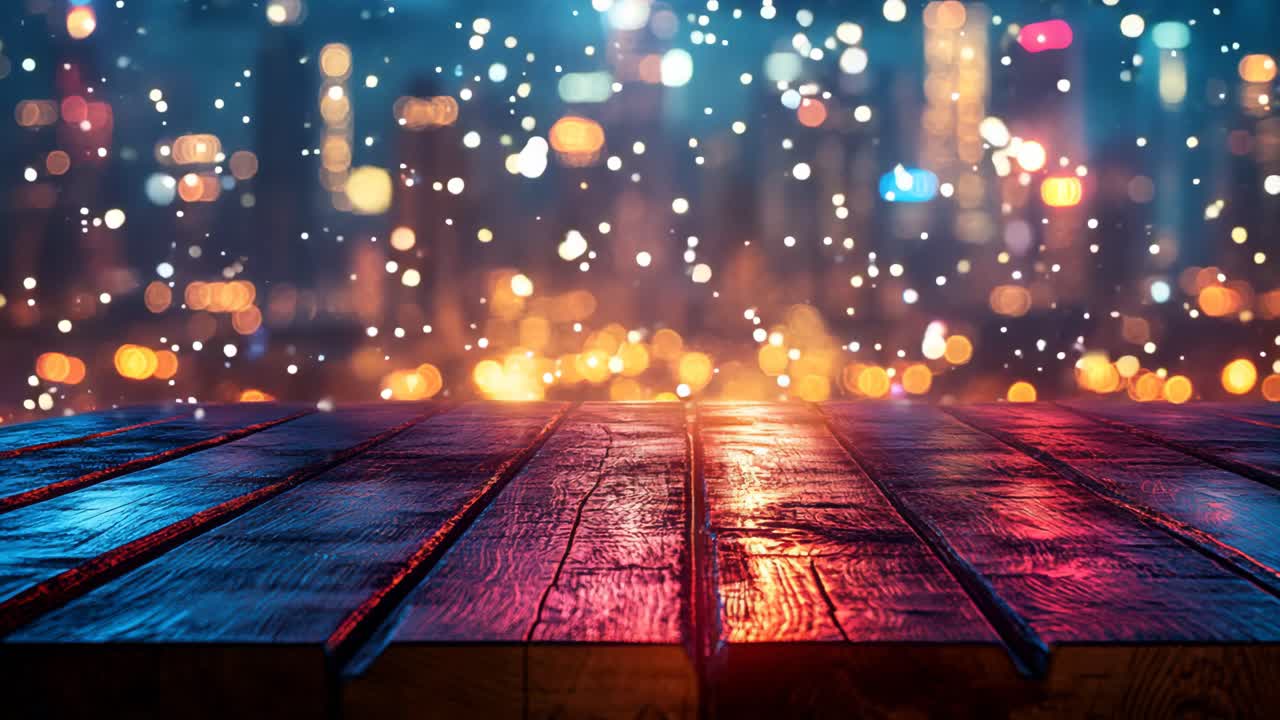 A city skyline with a wooden table in the foreground. The table is wet and the lights of the city are reflected on it