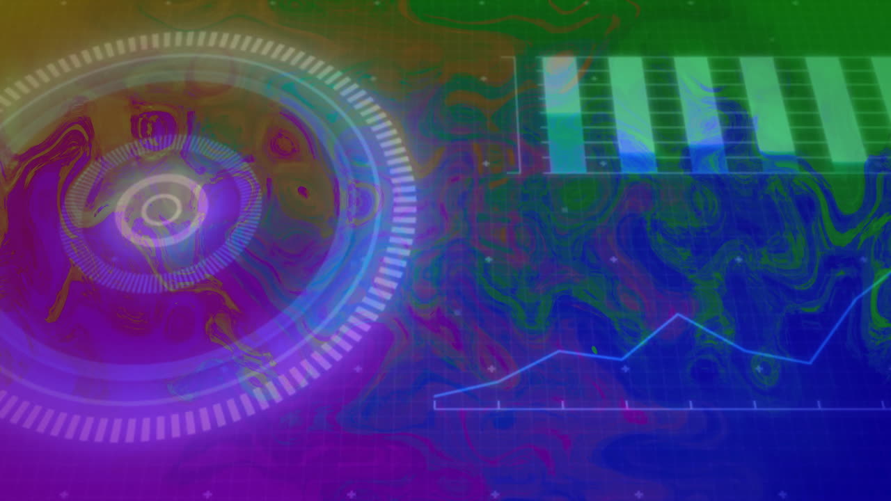 Animation showing circular and bar graphs on colorful digital interface background