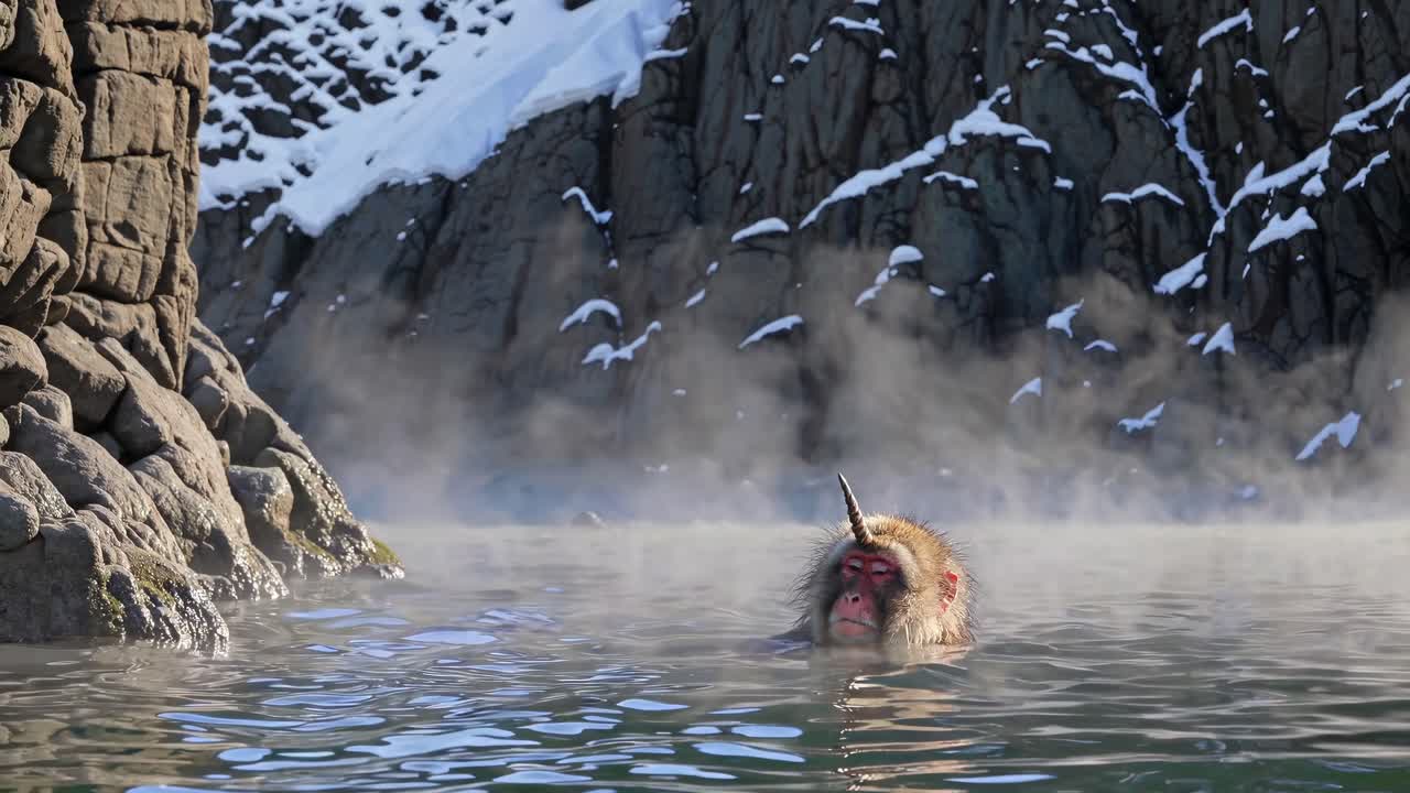 Snow Monkeys Relaxing in a Hot Spring
