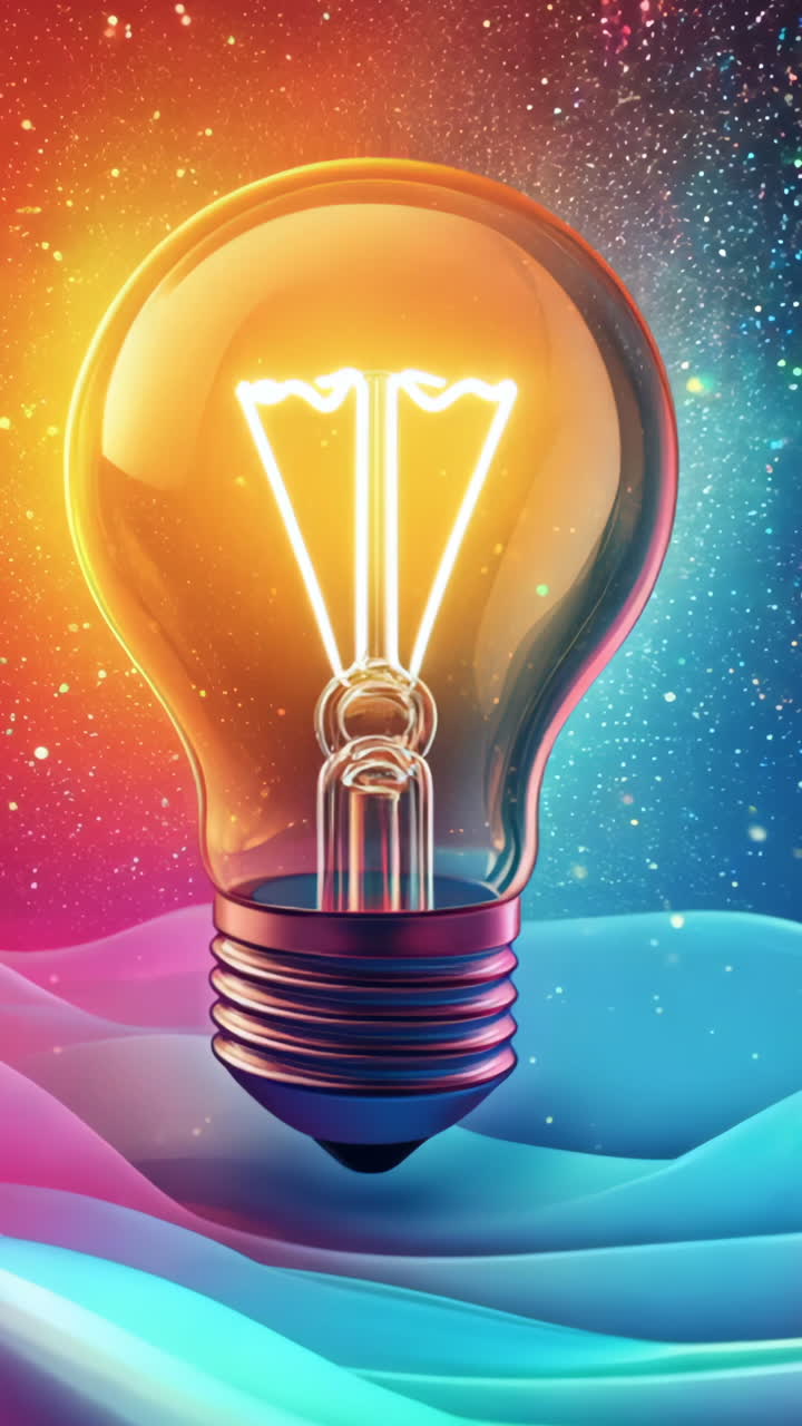 A light bulb is lit up in the sky. The light bulb is surrounded by a colorful background. The light bulb is glowing brightly, and it seems to be shining down on the colorful background