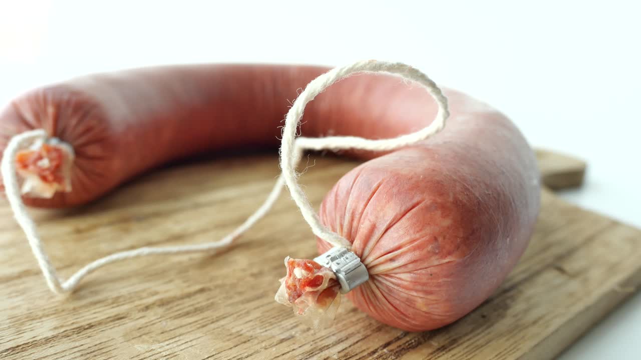 una salchicha tradicional en una tabla de cortar de madera