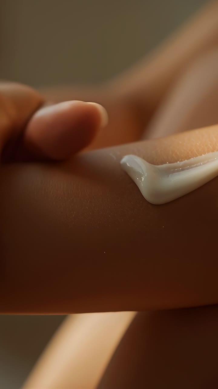 Vertical video: Dollop landing on woman's forearm, hand rubbing lotion in warm room for hydration