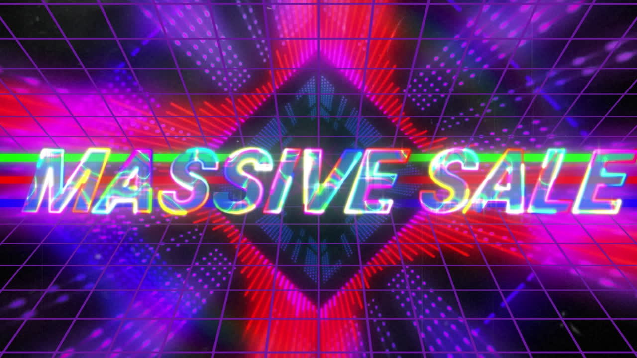 animación de texto de venta masiva sobre un túnel futurista iluminado contra un fondo negro