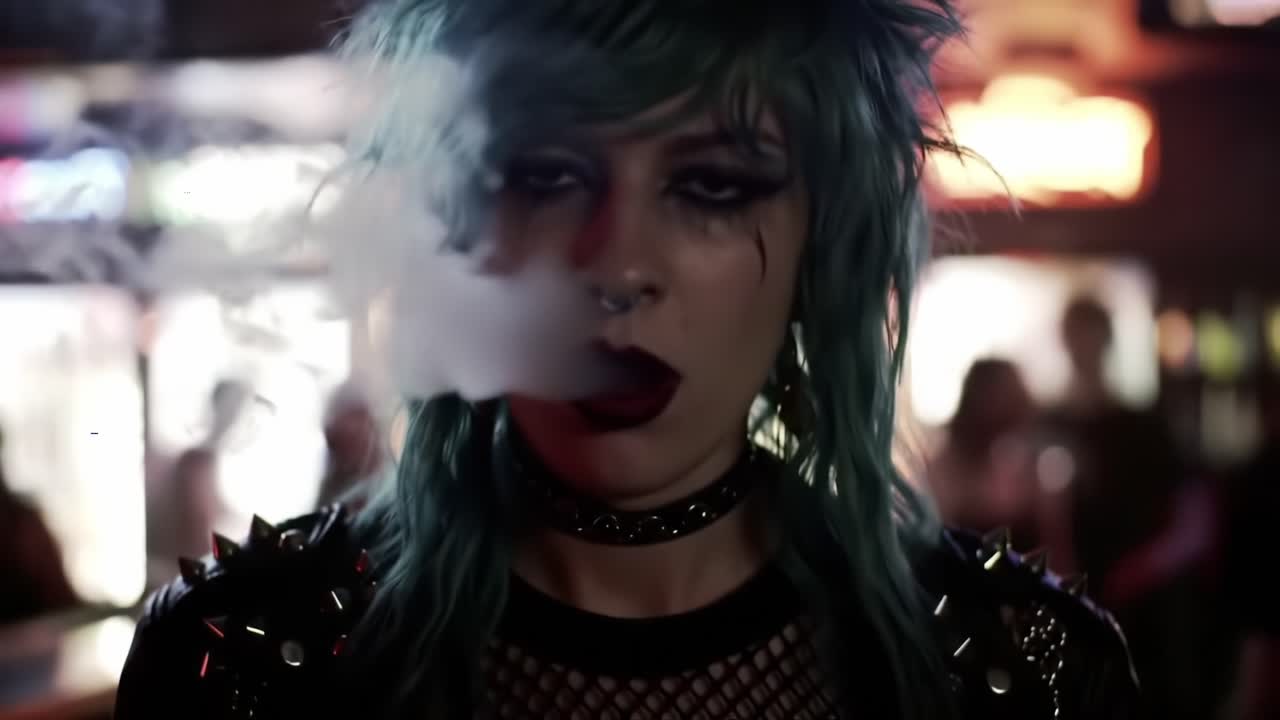 A striking figure with vibrant teal hair and a punk-inspired aesthetic stands confidently amidst the dim glow of a lively venue, exuding an air of rebellion and attitude
