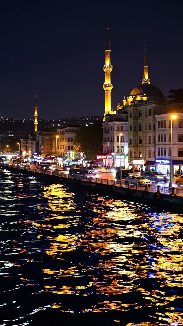 Colorful lights reflecting off the water’s surface, illuminating buildings, bustling traffic, and a majestic mosque at night, creating a vibrant and tranquil urban scene