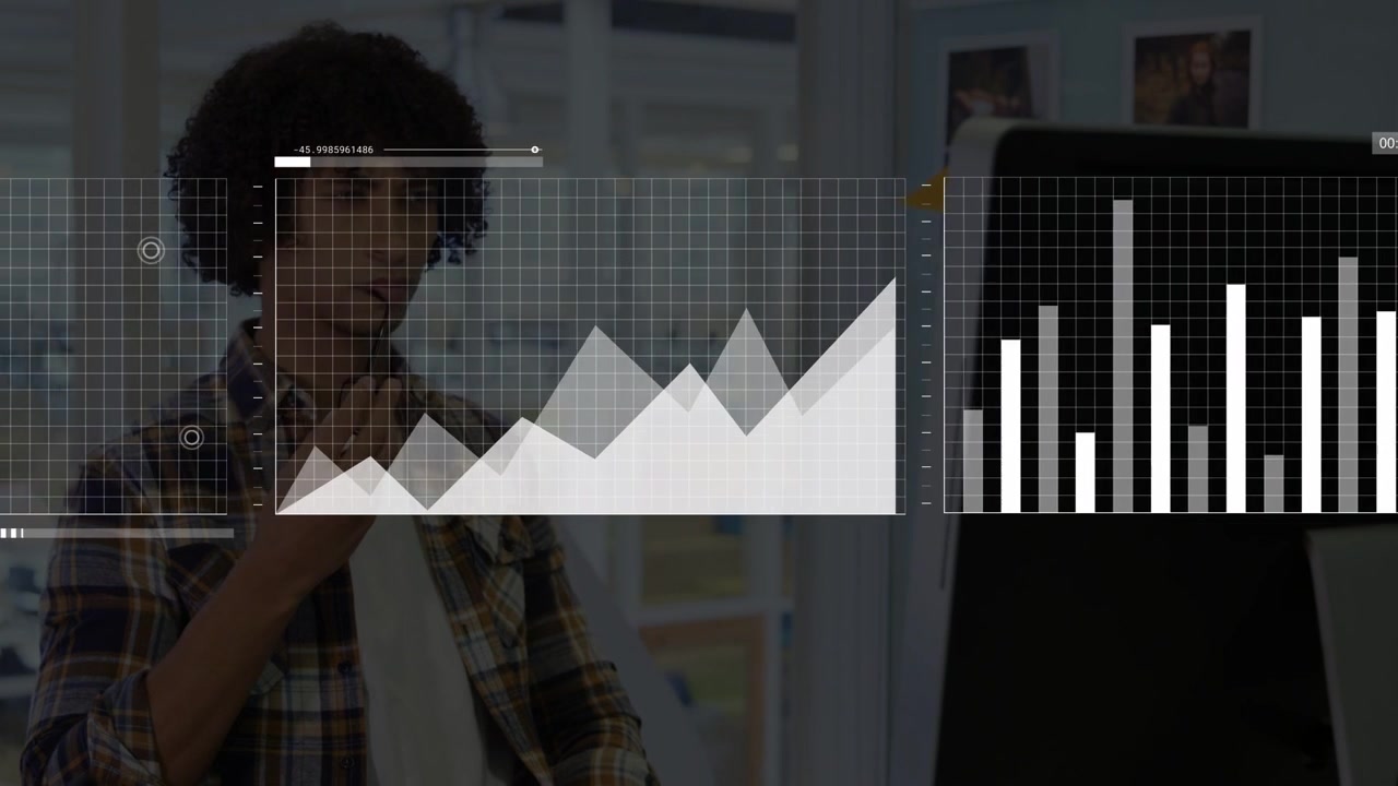 Man adjusting specs, reaching monitor, activating charts into map and using phone analyzing market