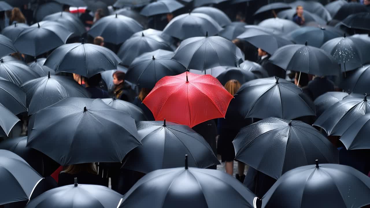 Un paraguas rojo destaca entre los negros. Una multitud sostiene paraguas, protegiéndose de la lluvia. Uno se alza solo, audaz y desafiante. Símbolo de individualidad en medio de la conformidad.