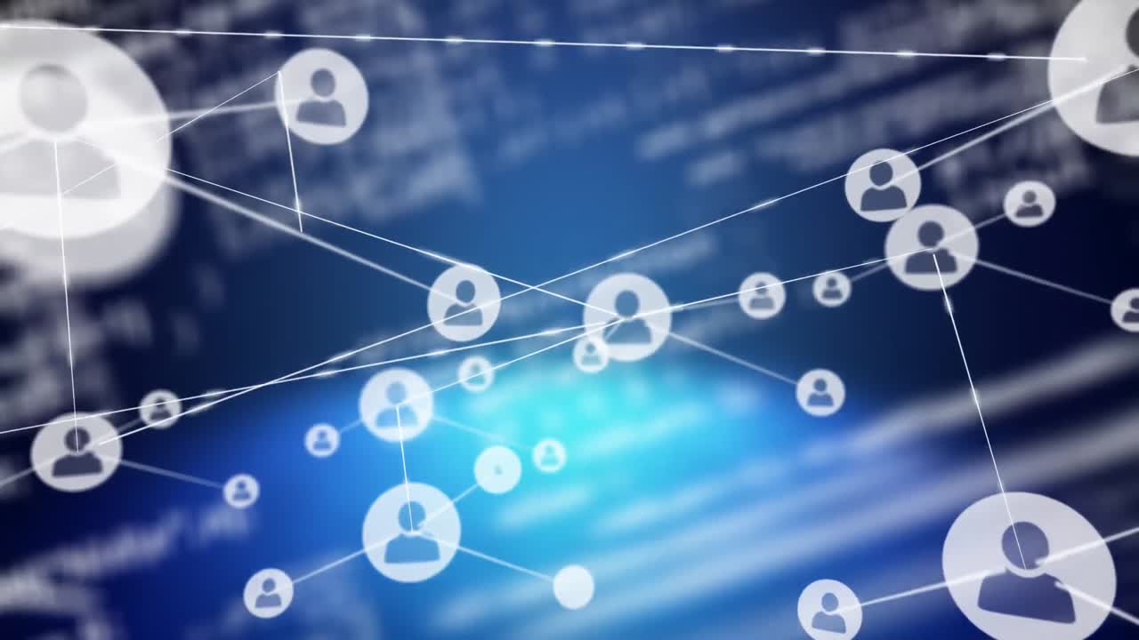 conectores en movimiento y códigos de programa en fondo digital azul