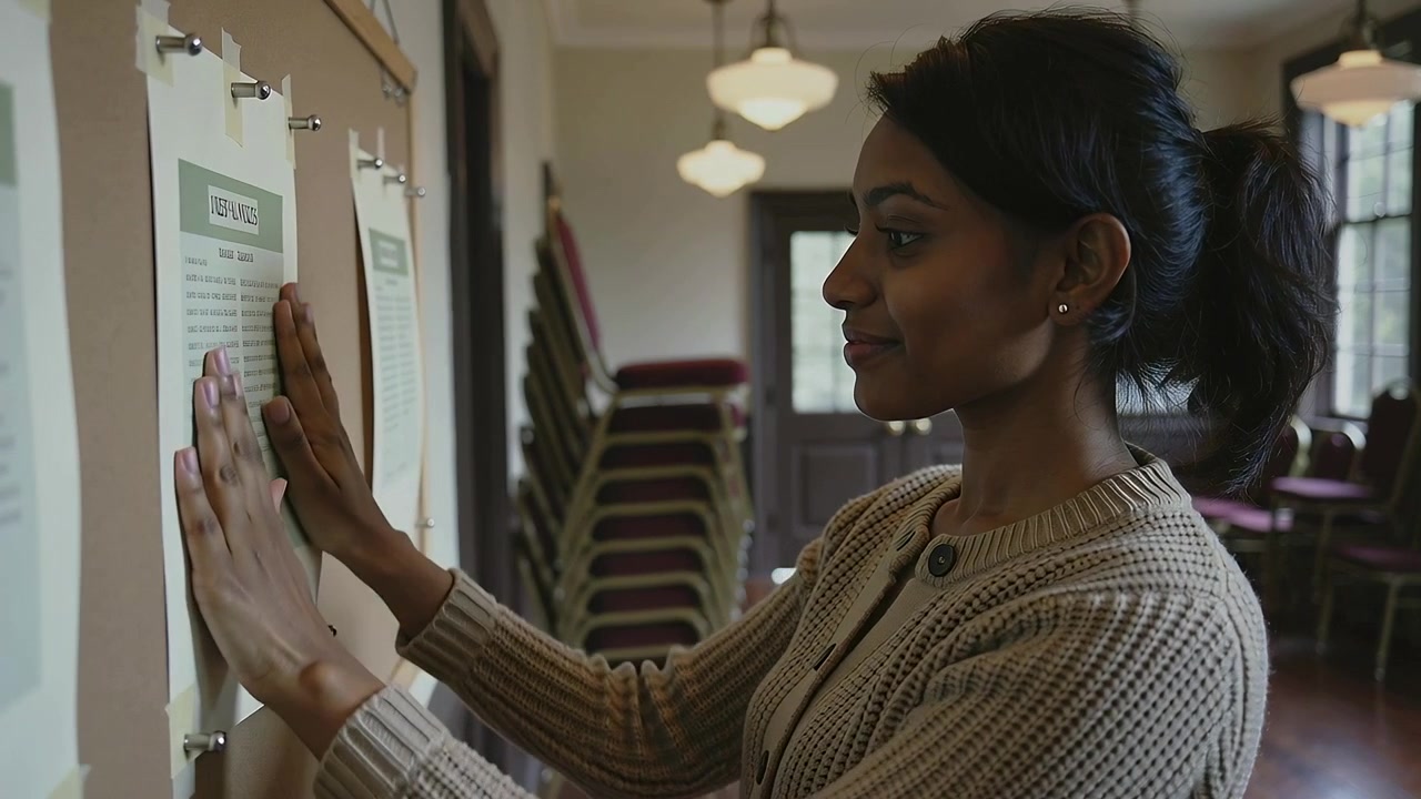 Walking woman in beige sweater pinning notice on meeting room board, smoothing to secure