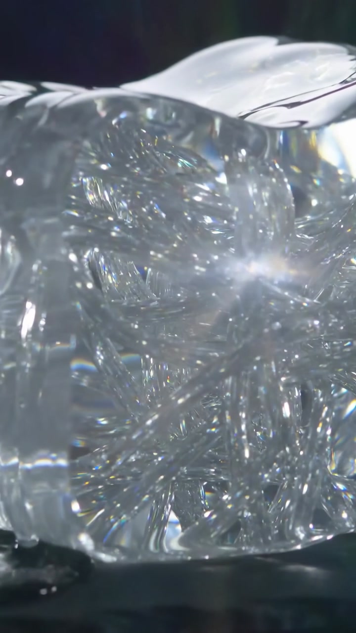 Vertical video: Melting clear ice cube under lamp making thin pool and water stream on dark base