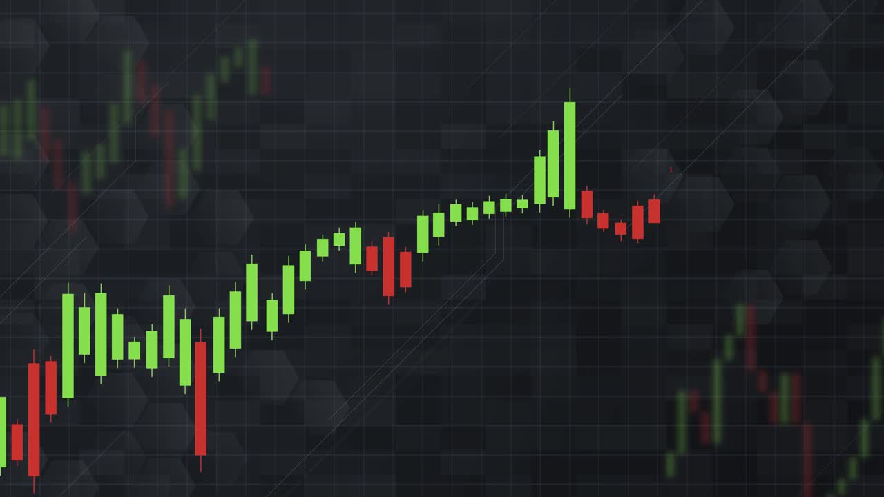 Dynamic candlestick chart animation with green and red bars, illustrating financial market growth and volatility