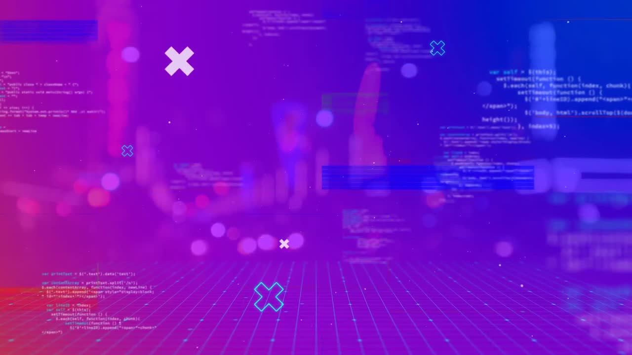 Animation of flickering colourful rectangles with glitch and data processing over road traffic