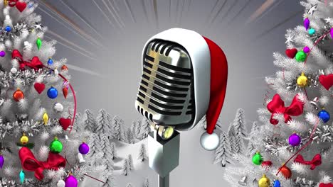 digital animation of two christmas trees and santa hat on microphone against light trails