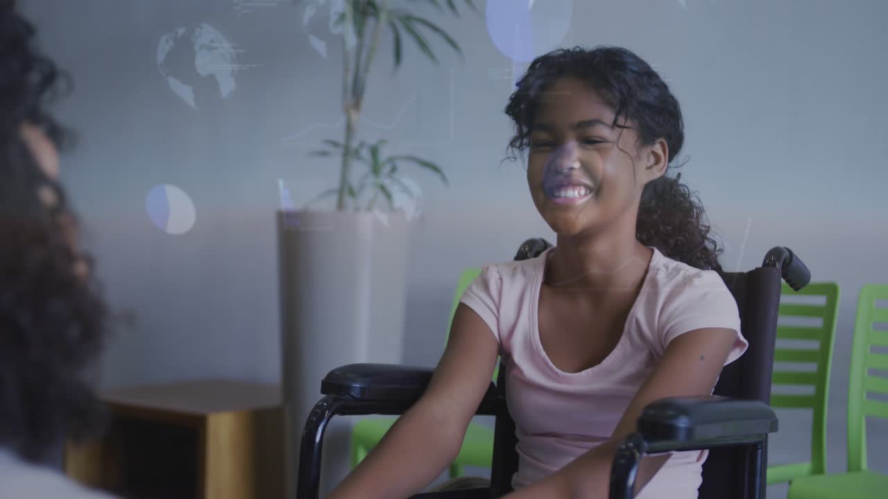 Girl sitting wheelchair smiling at caregiver voice as globe icons, data lines fading in therapy UI