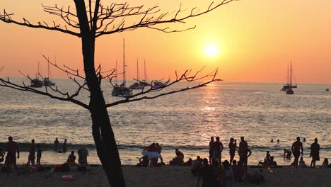 people enjoying a beach sunset with boats