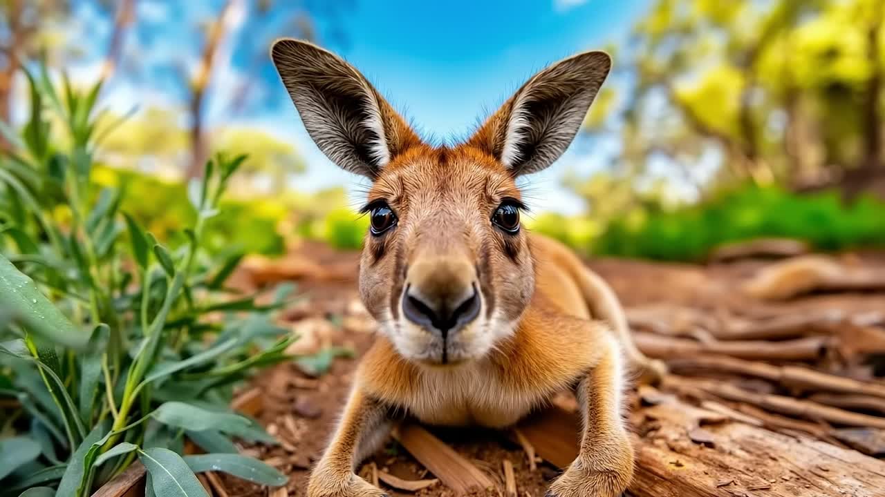 A kangaroo laying on the ground in the middle of a forest