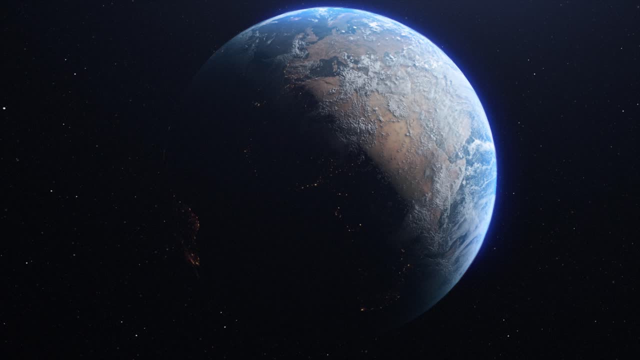 Stunning CGI render of the planet Earth from space with dawn spreading across the African continent, with the distinct lights from habitation glittering in the night time zones