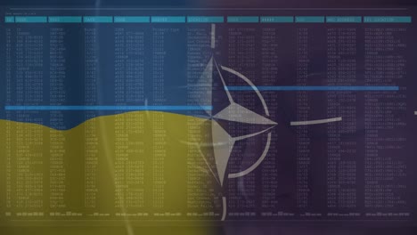 Animation-of-caucasian-male-hacker-and-data-processing-over-flag-of-nato-and-ukraine