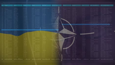 animación de un hacker caucásico y procesamiento de datos sobre la bandera de la otan y ucrania