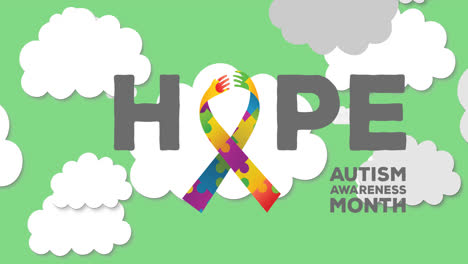 animación de esperanza mes de concienciación sobre el autismo cinta de texto formada con rompecabezas sobre nubes en el cielo verde