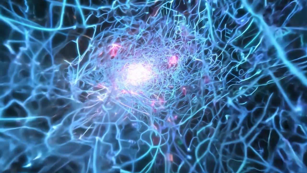 la energía brillante pulsa y fluye a través de una vibrante red de nodos, creando un diseño de fondo abstracto y futurista.