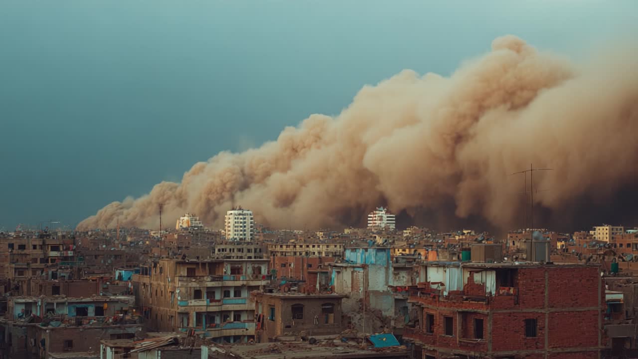 Una drammatica tempesta di sabbia avvolge la città, creando una scena caotica di visibilità ridotta e nuvole marroni che coprono gli edifici urbani e le strade sottostanti.