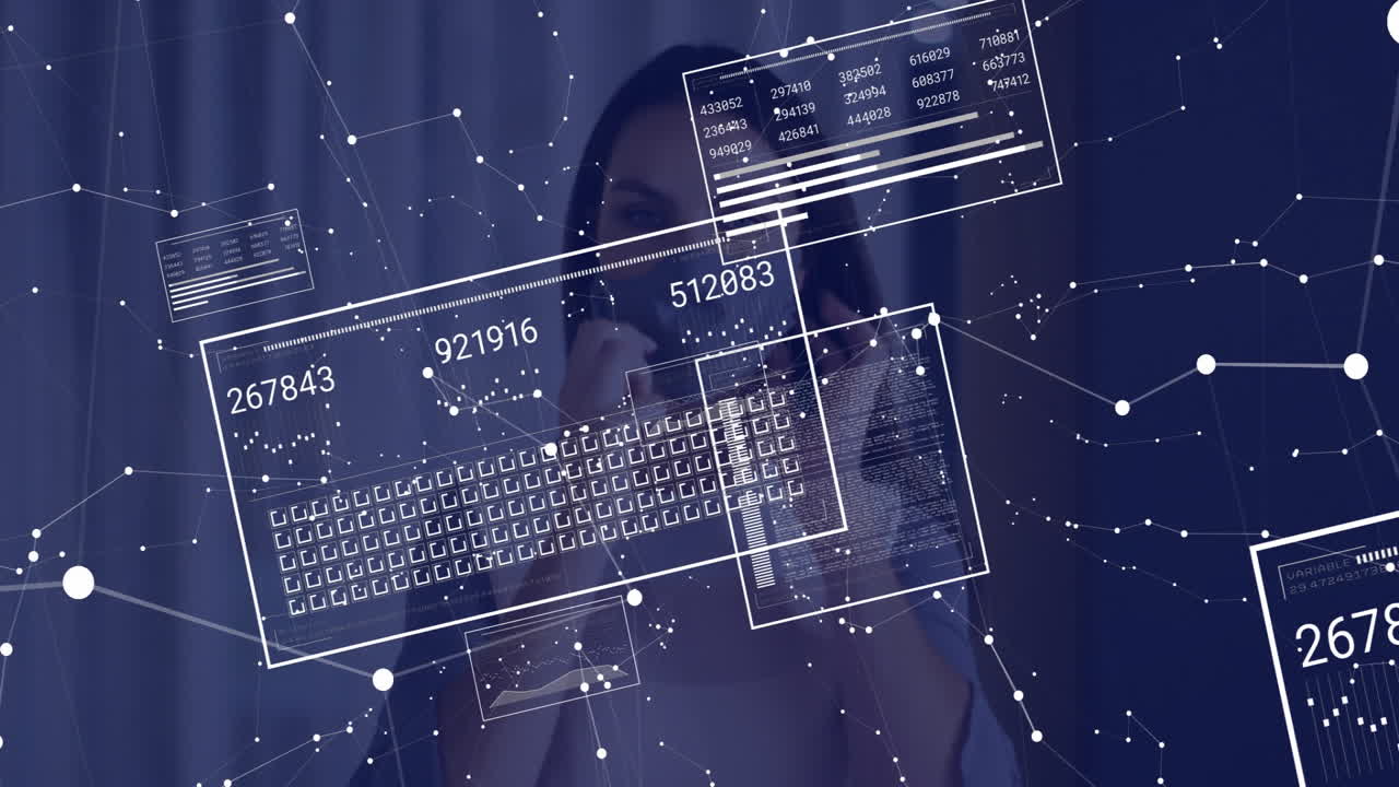 Businesswoman holding smartphone viewing finance data overlays with animated charts and node links