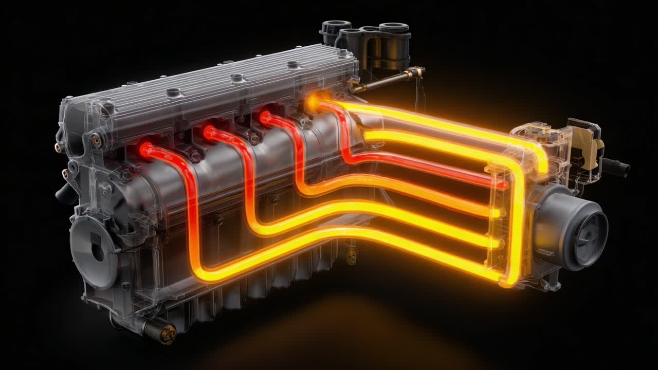 A Detailed View of a Modern Engine's Internal Mechanics Showcasing Energy Flow with Visual Effects Highlighting Heat and Motion