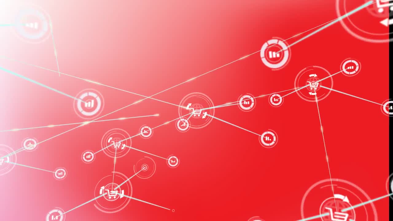 빨간색 배경 위의 선과 연결되는 쇼핑 카트 및 바 그래프 아이콘의 애니메이션