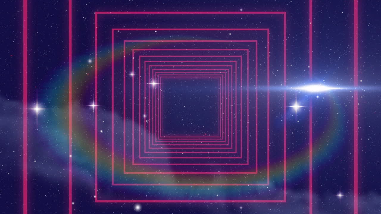 Animation of neon pink squares forming tunnel over starry galaxy background