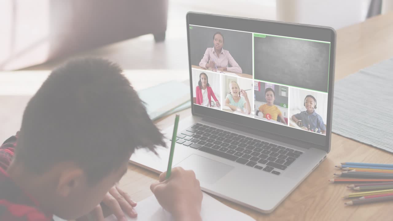 Kid writing at desk, screen gesture causing overlays over screen and ANY QUESTIONS, aiding learning