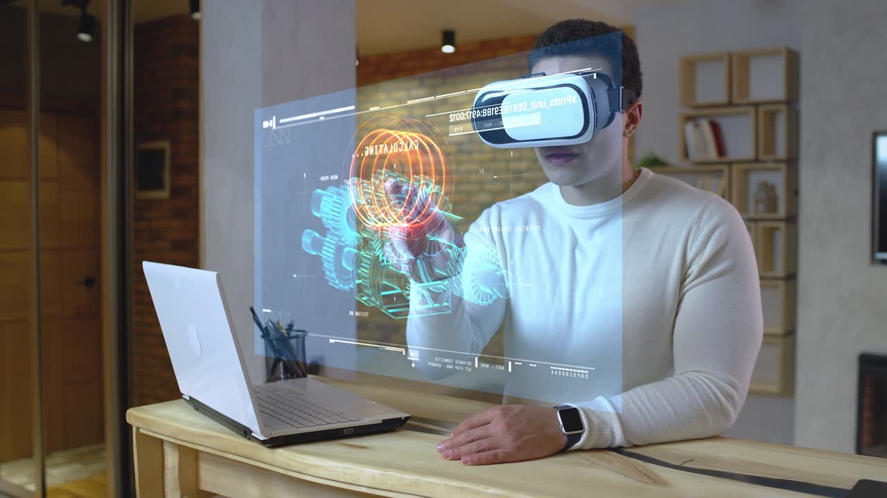 ingeniero mecánico que trabaja a distancia con piezas de máquinas holográficas, diseñando