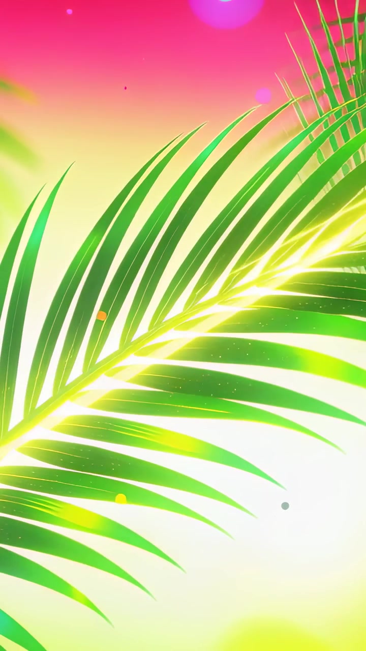 Vertical video: Animating palm frond moving over sunset sky, teal orb evoking tropical mood