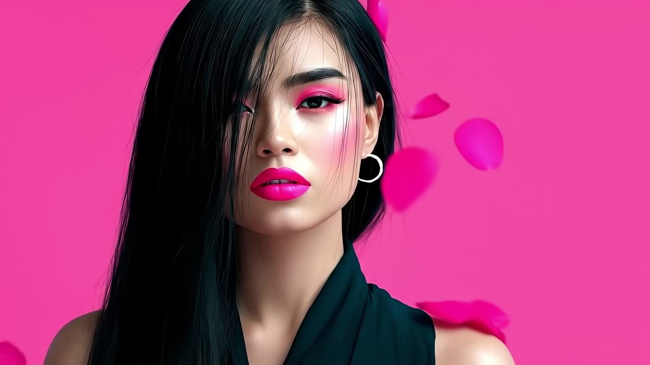 A woman with pink lipstick and a black dress