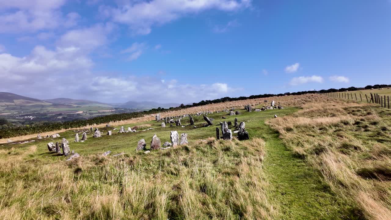 Ancient stone structures marking an Iron Age roundhouse and Norse longhouses on a grassy hillside