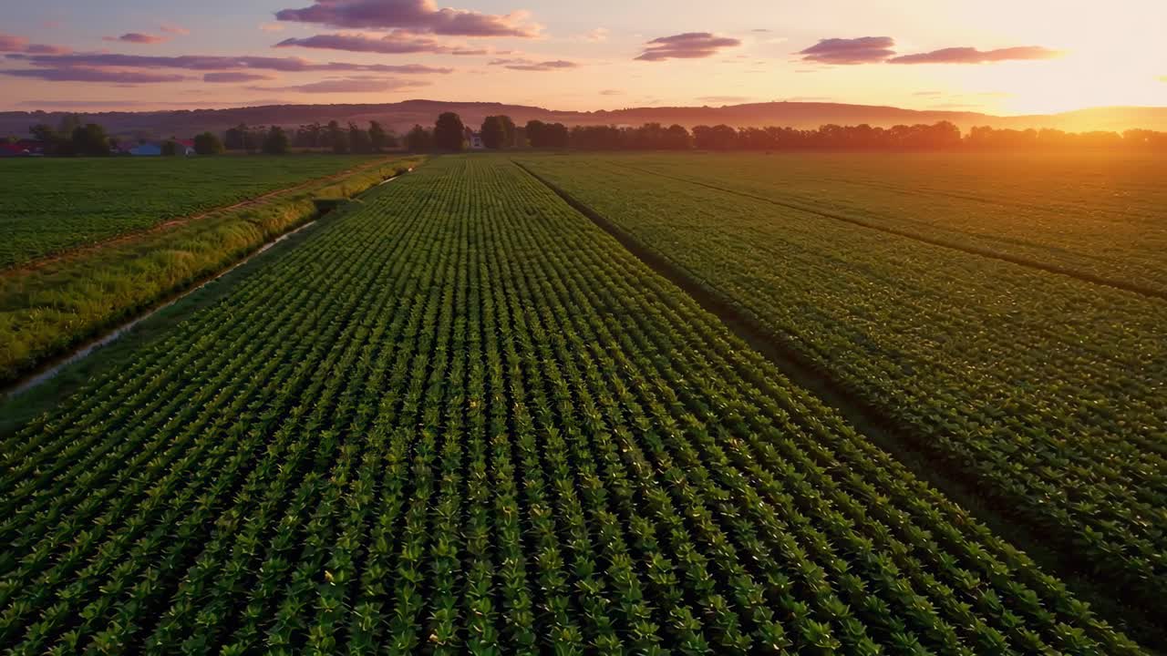 Video aereo di vasti campi agricoli al tramonto, che mostra file di colture da un'alta angolazione
