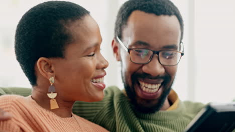 Happy,-phone-and-black-couple-on-sofa-online