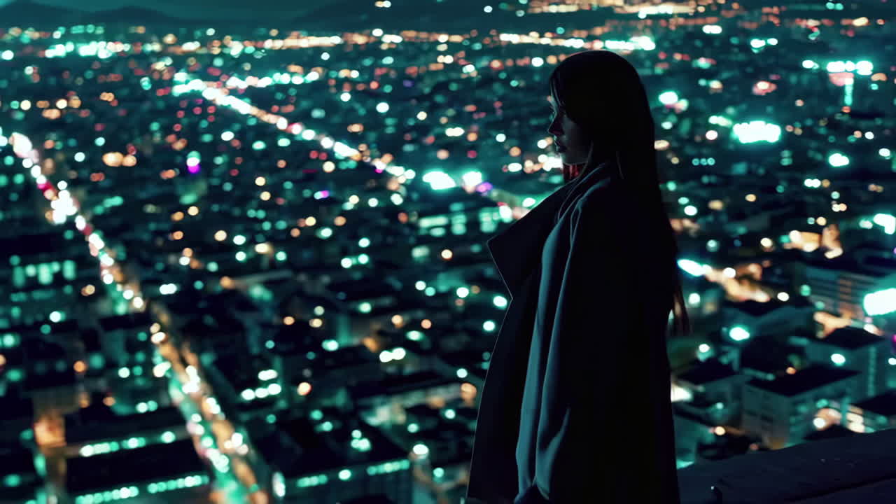 mujer mirando un paisaje urbano nocturno