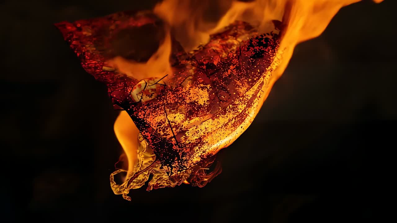 Sparking triangular paper fragment igniting in dark void, flames spreading into embers