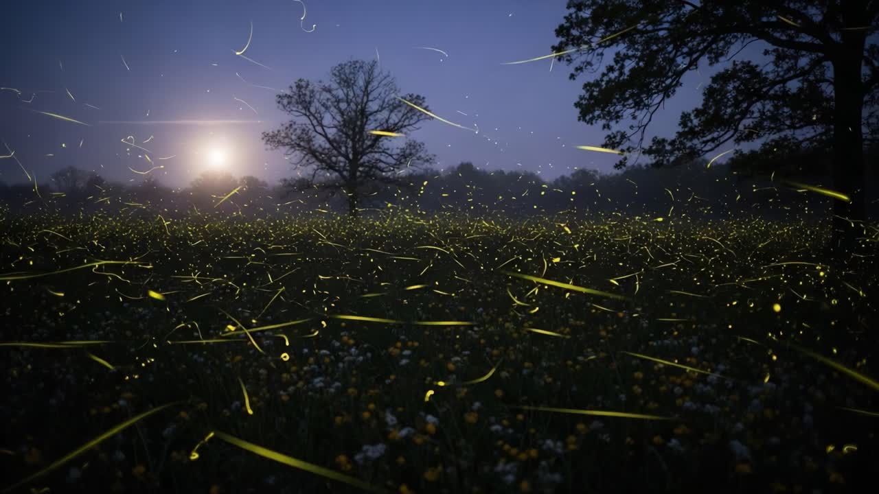 A Magical Twilight Scene: Glowing Fireflies Illuminate a Serene Meadow Under a Moonlit Sky, Creating a Dreamlike Atmosphere of Natural Beauty and Wonder