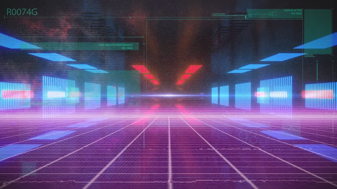 Animation of digital tunnel and data processing over black background