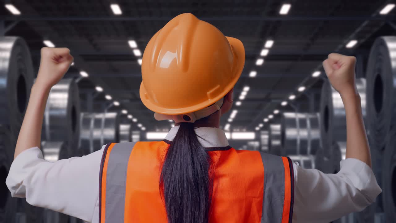 Primo piano, vista posteriore di un'ingegnere donna con casco di sicurezza che alza le mani in segno di celebrazione, mentre lavora tra pile di enormi bobine di acciaio metallico in un magazzino.