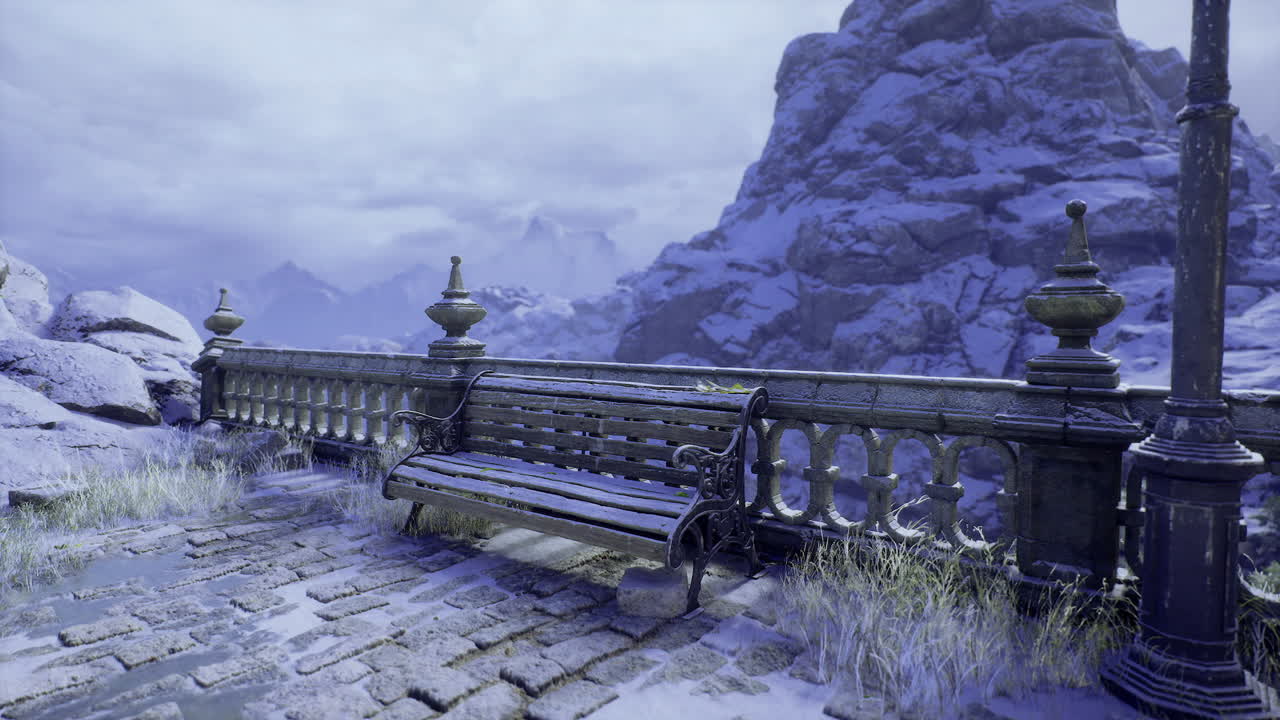 Snowy mountain view with a lonely bench and old street lamp at twilight