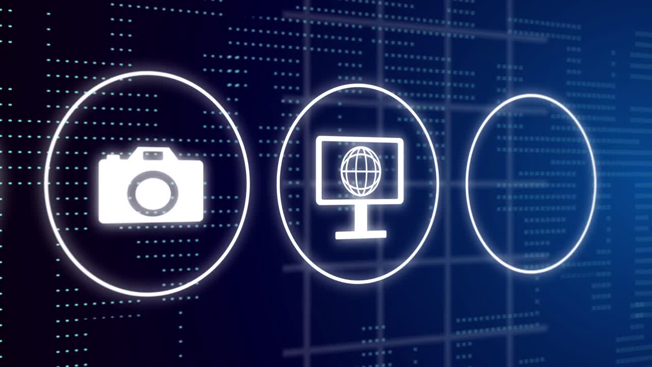 블루 배경에 있는 점과 선 위에 있는 미디어 아이콘의 애니메이션