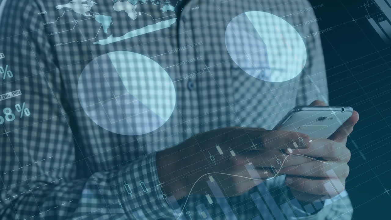 animación del procesamiento de datos financieros sobre un hombre caucásico que usa un teléfono inteligente