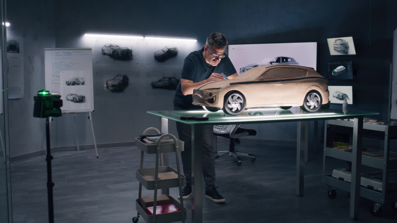 diseñador de coches trabajando en un modelo de arcilla
